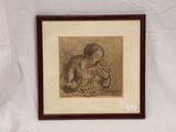 framed drawing of a woman holding a child in her lap