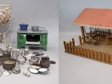 two pictures side by side of a miniature house and a miniature kitchen