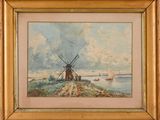 an image of a painting of a windmill by a body of water