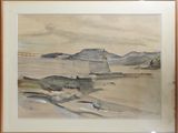 a watercolor painting of a lighthouse on the beach