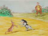painting of two dogs chasing a rabbit in a field