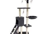 the cat tree is made of wood and has a black base