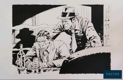illustration représentant un homme et une femme assis à une table dans un restaurant