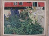 peinture représentant un jardin fleuri avec une maison rouge en arrière-plan