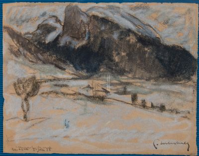 dessin représentant un paysage de montagne avec un arbre solitaire au premier plan
