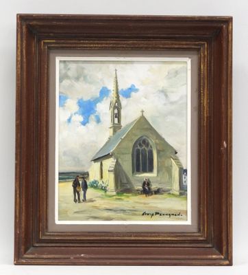 an oil painting of a church with people standing in front of it