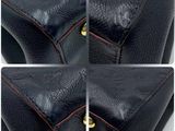 four photos of a black leather bag with red stitching