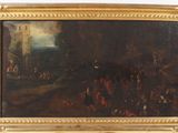 une peinture à l'huile représentant un groupe de personnes à cheval dans un décor boisé