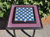 purple and blue checkerboard side table with black legs