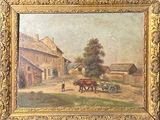 tableau représentant une scène de vie à la ferme avec une calèche tirée par un cheval et un agriculteur