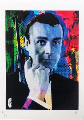 tableau représentant un homme tenant un pistolet devant un fond coloré