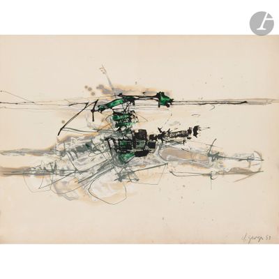 une image représentant un dessin d'un hélicoptère survolant un champ