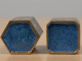 pair of blue ceramic hexagonal salt and pepper shakers
