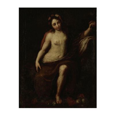 un tableau représentant une femme nue assise sur un rocher