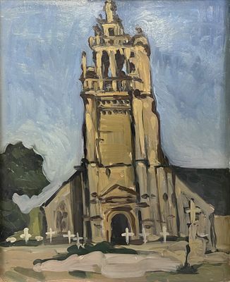 une peinture à l'huile représentant une église avec une tour horloge en son centre