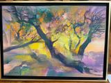 une peinture représentant un arbre au milieu d'un tableau