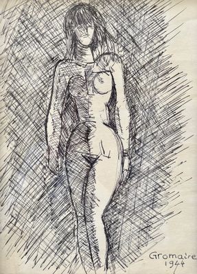 drawing of a woman in a tight bodysuit standing in front of a grungy background