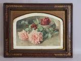 painting of roses in a basket on a table with a white background