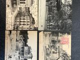 four old black and white photos of a house and a train