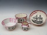 several different types of cups and saucers on a white surface