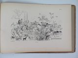 an open book with a drawing of a group of animals in a forest