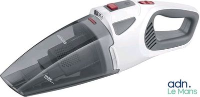 a close up of a white and red vacuum cleaner on a white background