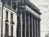 drawing of a large building with a clock on top of it