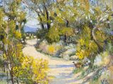 une peinture à l'huile représentant un chemin de terre bordé d'arbres et de buissons