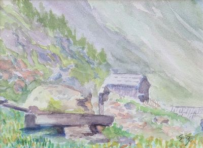 une aquarelle représentant un chariot dans un champ
