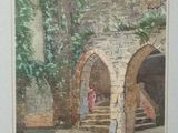 painting of a woman in a red dress standing in a courtyard