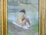 an oil painting of a naked man sitting on a rock by the water