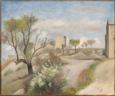 an oil painting of a castle on a hill with trees and bushes