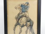 painting of a man riding a horse in a black frame