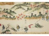 chinese painting of a group of people with umbrellas on a hill