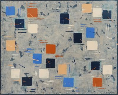 une peinture abstraite composée de carrés et de rectangles bleus, orange et blancs