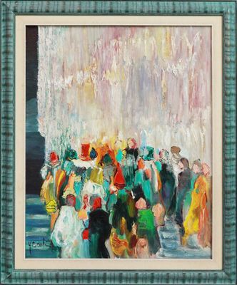 une peinture à l'huile représentant une foule de personnes debout devant une fontaine