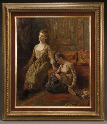 an oil painting of a woman and a man sitting on a couch