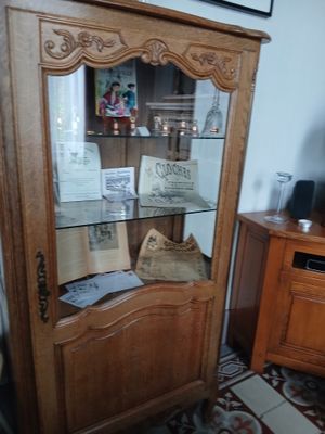 une armoire en bois avec une porte vitrée dans un salon