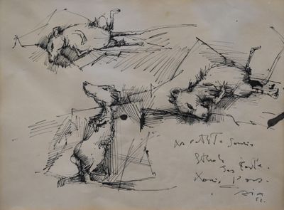 croquis représentant un chien et un chat allongés sur un canapé