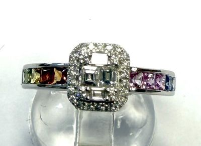 Bague DE Style Art DÉCO EN OR Blanc, Saphirs, Bleus, Roses, …