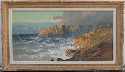 une peinture à l'huile représentant une côte rocheuse avec des vagues qui viennent s'écraser devant elle