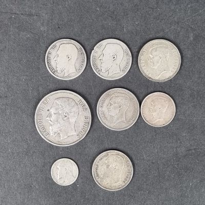 BELGIQUE. Lot de 8 pièces en argent dont 5F Léopold II 1873 …