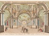 a drawing of a large hall with columns and a clock on the wall