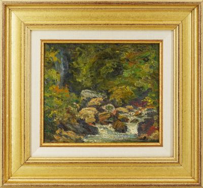 un tableau représentant un ruisseau dans une forêt, avec des rochers et des arbres