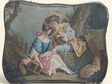 une photo d'un tableau représentant un homme et une femme assis sur un banc