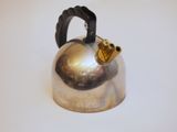 a silver tea kettle with a handle on a white table