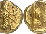 a gold coin with an image of a woman holding a sword