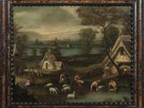 tableau représentant une scène de village avec des moutons et des personnages au premier plan
