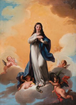 an image of a painting of the virgin mary surrounded by angels