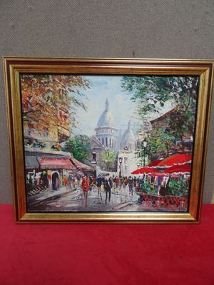 painting of a street scene with a church in the background